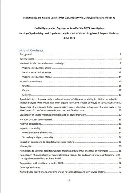 Statistical report, Malaria Vaccine Pilot Evaluation (MVPE), analysis of data to month 46